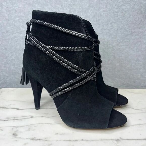Vince Camuto Women’s ASTAN Peep Toe Booties Black Suede Leather size 6.5 EUC - Picture 1 of 10